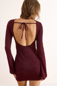 Olalook Women's Burgundy Lined Glittered Backless Mini Elegant Dress - Image 6