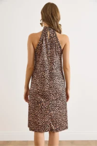 Olalook Women's Leopard Camel Halter Neck Mini Flowy Dress - Image 3