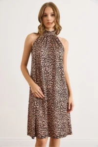 Olalook Women's Leopard Camel Halter Neck Mini Flowy Dress - Image 5