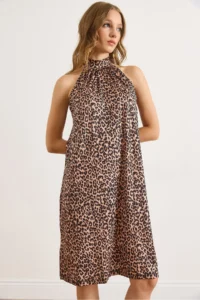 Olalook Women's Leopard Camel Halter Neck Mini Flowy Dress - Image 6