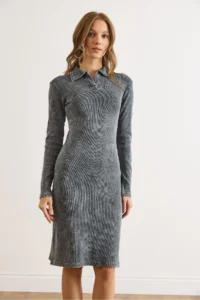 Olalook Women's Anthracite Polo Neck Washed Flexible Mini Dress - Image 2