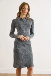 Olalook Women's Anthracite Polo Neck Washed Flexible Mini Dress - Image 4