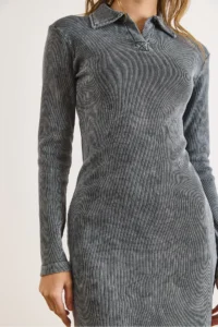 Olalook Women's Anthracite Polo Neck Washed Flexible Mini Dress - Image 5