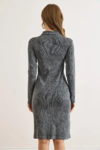 Olalook Women's Anthracite Polo Neck Washed Flexible Mini Dress - Image 6