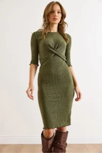 Olalook Women's Khaki Knot Detailed Soft Textured Flexible Dress
