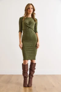 Olalook Women's Khaki Knot Detailed Soft Textured Flexible Dress - Image 2