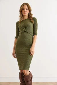 Olalook Women's Khaki Knot Detailed Soft Textured Flexible Dress - Image 3