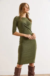 Olalook Women's Khaki Knot Detailed Soft Textured Flexible Dress - Image 4