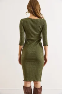 Olalook Women's Khaki Knot Detailed Soft Textured Flexible Dress - Image 5