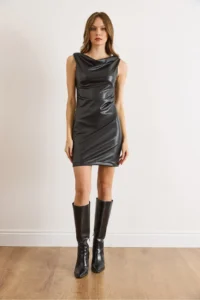 Olalook Women's Black Half Lined Hidden Zipper Raised Faux Leather Dress - Image 2