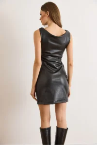 Olalook Women's Black Half Lined Hidden Zipper Raised Faux Leather Dress - Image 6