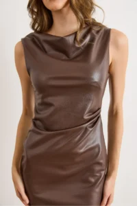 Olalook Women's Brown Half Lined, Hidden Zipper, Raised Faux Leather Dress - Image 4