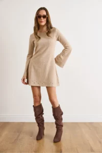 Olalook Women's Stone Stud Detailed Wide Collar A-Line Cut Winter Thessaloniki Dress - Image 2