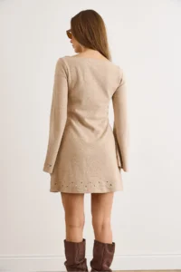 Olalook Women's Stone Stud Detailed Wide Collar A-Line Cut Winter Thessaloniki Dress - Image 3