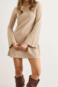 Olalook Women's Stone Stud Detailed Wide Collar A-Line Cut Winter Thessaloniki Dress - Image 4