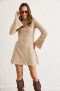 Olalook Women's Stone Stud Detailed Wide Collar A-Line Cut Winter Thessaloniki Dress - Image 5