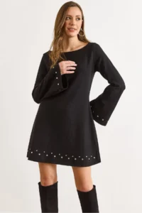 Olalook Women's Black Studded Detailed Wide Collar A-Line Cut Winter Thessaloniki Dress