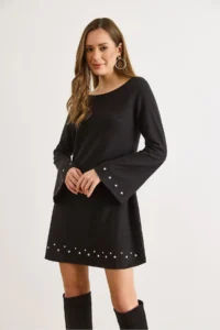 Olalook Women's Black Studded Detailed Wide Collar A-Line Cut Winter Thessaloniki Dress - Image 2