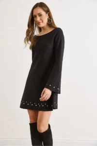 Olalook Women's Black Studded Detailed Wide Collar A-Line Cut Winter Thessaloniki Dress - Image 4