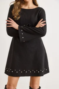 Olalook Women's Black Studded Detailed Wide Collar A-Line Cut Winter Thessaloniki Dress - Image 5