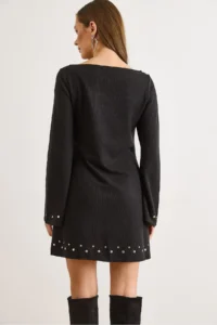 Olalook Women's Black Studded Detailed Wide Collar A-Line Cut Winter Thessaloniki Dress - Image 6