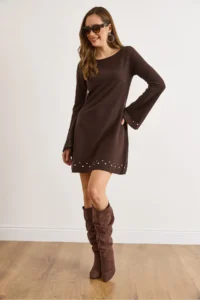 Olalook Women's Brown Studded Detailed Wide Collar A-Line Cut Winter Thessaloniki Dress - Image 2