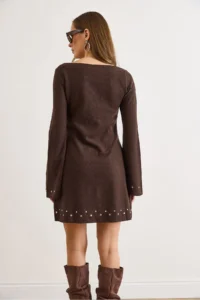 Olalook Women's Brown Studded Detailed Wide Collar A-Line Cut Winter Thessaloniki Dress - Image 3