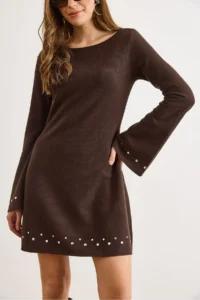 Olalook Women's Brown Studded Detailed Wide Collar A-Line Cut Winter Thessaloniki Dress - Image 4