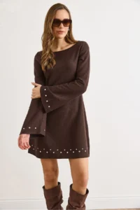 Olalook Women's Brown Studded Detailed Wide Collar A-Line Cut Winter Thessaloniki Dress - Image 5