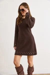 Olalook Women's Brown Studded Detailed Wide Collar A-Line Cut Winter Thessaloniki Dress - Image 6