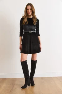 Olalook Women's Black Velvet Belted Mini Flared Dress - Image 2