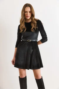 Olalook Women's Black Velvet Belted Mini Flared Dress - Image 3