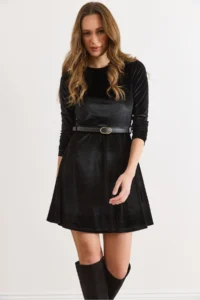 Olalook Women's Black Velvet Belted Mini Flared Dress - Image 5