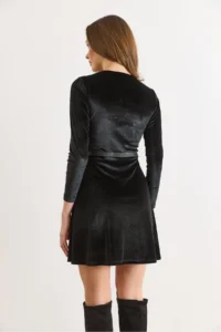 Olalook Women's Black Velvet Belted Mini Flared Dress - Image 6