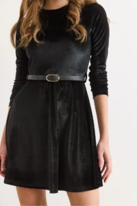 Olalook Women's Black Velvet Belted Mini Flared Dress - Image 7