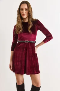 Olalook Women's Burgundy Velvet Belted Mini Flared Dress