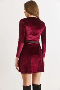 Olalook Women's Burgundy Velvet Belted Mini Flared Dress - Image 2