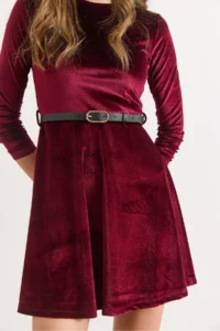 Olalook Women's Burgundy Velvet Belted Mini Flared Dress - Image 5