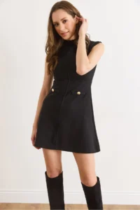 Olalook Women's Black Accessory Detailed Mini Flared Dress - Image 3