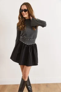 Olalook Women's Anthracite Studded Detailed Back Zippered Garnished Mini Dress - Image 3