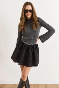 Olalook Women's Anthracite Studded Detailed Back Zippered Garnished Mini Dress - Image 4