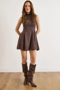 Olalook Women's Brown Textured Piece Soild Flowy Mini Dress