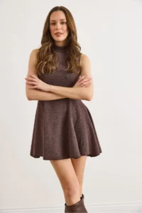 Olalook Women's Brown Textured Piece Soild Flowy Mini Dress - Image 2