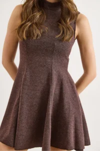 Olalook Women's Brown Textured Piece Soild Flowy Mini Dress - Image 4