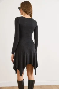 Olalook Women's Black V-neck Gather Detailed Asymmetrical Wool Viscose Dress - Image 3