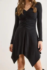 Olalook Women's Black V-neck Gather Detailed Asymmetrical Wool Viscose Dress - Image 4