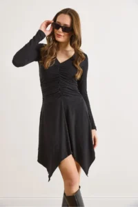 Olalook Women's Black V-neck Gather Detailed Asymmetrical Wool Viscose Dress - Image 5