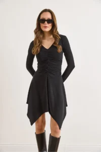 Olalook Women's Black V-neck Gather Detailed Asymmetrical Wool Viscose Dress - Image 6