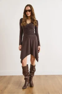 Olalook Women's Brown V-neck Gather Detailed Asymmetrical Wool Viscose Dress - Image 2