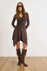 Olalook Women's Brown V-neck Gather Detailed Asymmetrical Wool Viscose Dress - Image 3
